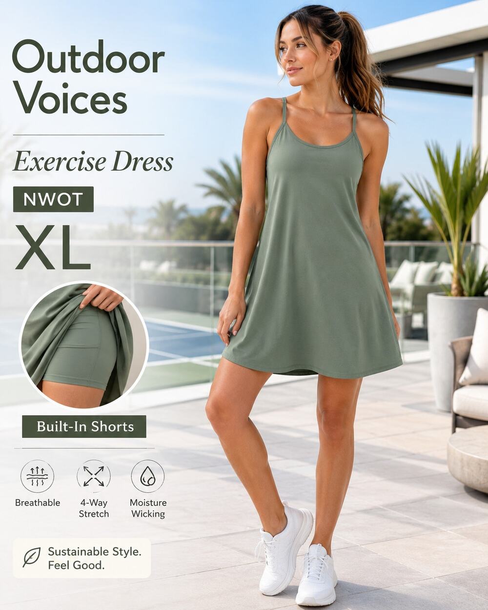 Outdoor Voices Active Dress XL Green Built In Shorts Racerback Athleisure NWOT